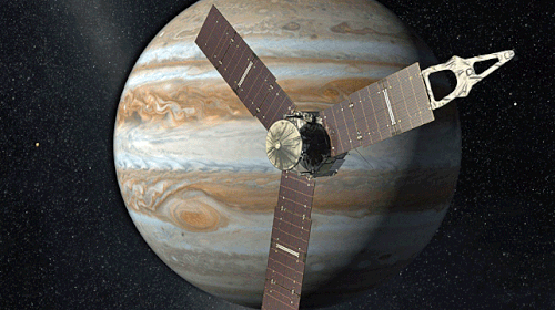 This artist's rendering provided by NASA and JPL-Caltech shows the Juno spacecraft above the planet Jupiter. (AAP)