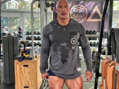 Dwayne Johnson in his barely-there shorts during a workout.