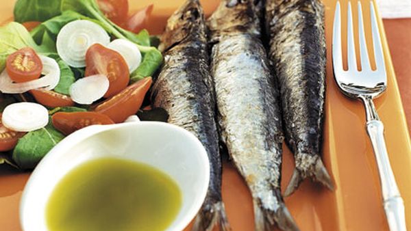 Grilled sardines with rocket oil