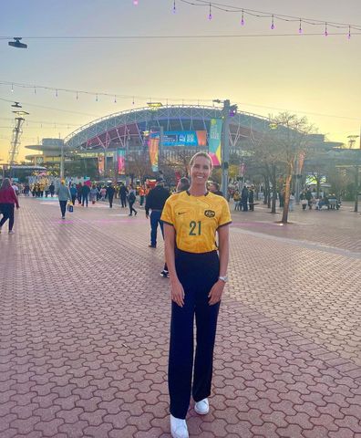 Olympic swimmer Emma McKeon donned her Matildas jersey to watch the match