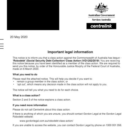 A copy of the notice sent by Centrelink last week to members of the class action.