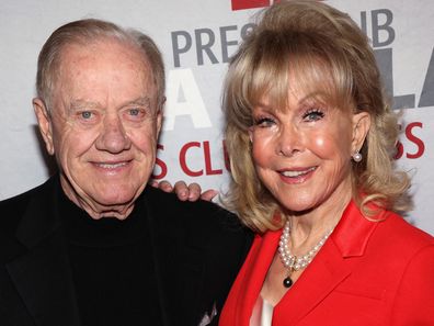 Jon Eicholtz and Barbara Eden attend the 16th Annual National Arts & Entertainment Journalism Awards Gala at Millennium Biltmore Hotel Los Angeles on December 03, 2023 