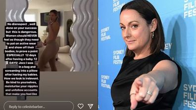 Left: Celeste Barber Instagram story of Tammy Hembrow, RIght: Celeste Barber at the Sydney Film Festival Red Carpet pointing at the camera.