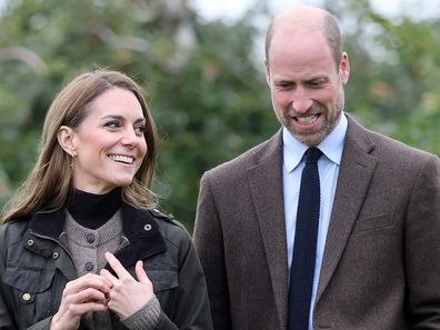 Catherine, Princess of Wales and Prince William, Prince of Wales during a visit to Long Meadow Cider on October 14, 2025 in Craigavon, Northern Ireland. 
