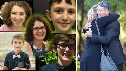 Katrina and her four children - daughter Taye, 13, and sons Rylan, 12, Arye, 10, and Kadyn. At right, ex-partner and dad Arron Cockman his comforted at their funeral in May. 