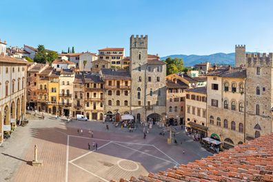 Panoramic aerial view of Piazza Grande square in Arezzo, Tuscany, Italy