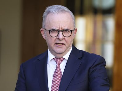 Prime Minister Anthony Albanese during a press conference at Parliament House in Canberra on Monday, March 30, 2026. fedpol Photo: Alex Ellinghausen