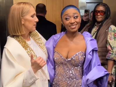 Celine Dion performs with Sonyae Elise backstage at grammys