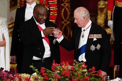 LONDON, ENGLAND - NOVEMBER 22: President Cyril Ramaphosa of South Africa (L) and King Charles III share a toast during the State Banquet at Buckingham Palace during the State Visit to the UK by President Cyril Ramaphosa of South Africa on November 22, 2022 in London, England.  This is the first state visit hosted by the UK with King Charles III as monarch, and the first state visit here by a South African leader since 2010. 