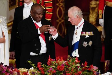 LONDON, ENGLAND - NOVEMBER 22: President Cyril Ramaphosa of South Africa (L) and King Charles III share a toast during the State Banquet at Buckingham Palace during the State Visit to the UK by President Cyril Ramaphosa of South Africa on November 22, 2022 in London, England. This is the first state visit hosted by the UK with King Charles III as monarch, and the first state visit here by a South African leader since 2010. 