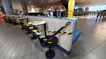 General view seats tapped off from the public in a food court in Melbourne Central shopping centre in Melbourne