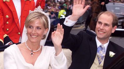 Prince Edward and Sophie Rhys-Jones wave to the crowd following their wedding in St George's Chapel, Windsor Castle Saturday, June 19, 1999. 