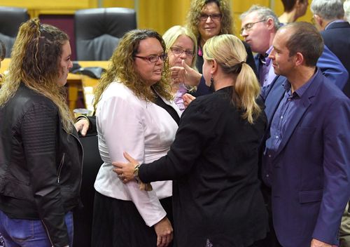 Cr Kerry Silver (left) is seen following the Ipswich City Council's final meeting at the Ipswich City Council Chambers 