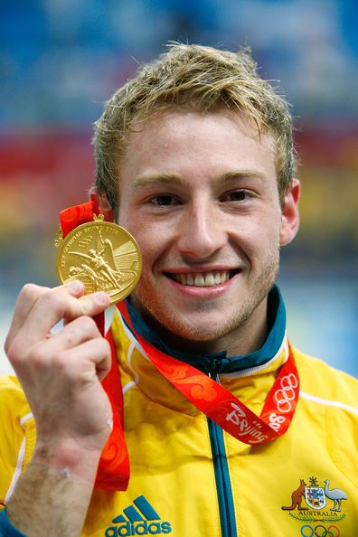 Matthew Mitcham celebrates his gold medal on Day 15 of the Beijing Olympic Games on August 23, 2008 in Beijing, China