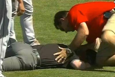 <b>It has been said that umpires and other sports officials have the best view of the game, but this certainly wasn't the case in this incident. </b><br/><br/>An umpire in the MLB pre-season clash between the Cincinnati Reds and the Cleveland Indians had to be helped from the field after being struck in the groin by a fierce line drive.<br/><br/>Click through to see the tear-inducing hit and other incidents that will make you believe that umpires certainly don't have the best seats in the house.<br/><br/>