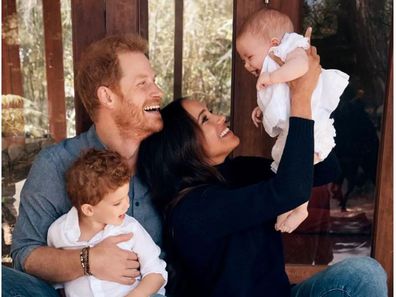 Prince Harry and Meghan, the Duchess of Sussex with their children Archie and Lilibet photographed for their 2021 Christmas card.