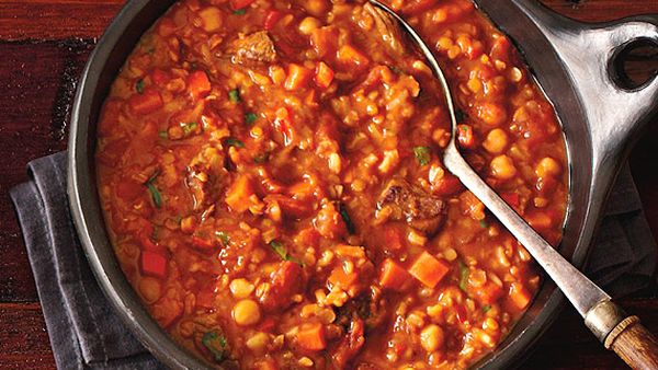 Moroccan red lentil and chickpea soup