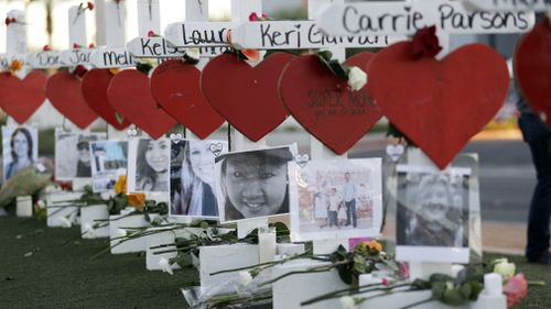 Crosses marked with the names of those killed in the Las Vegas shooting. (AAP)