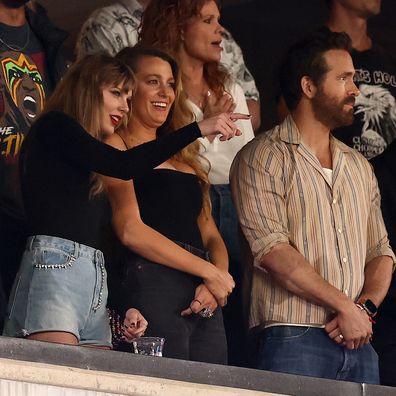 Taylor Swift, Blake Lively and Ryan Reynolds at the game between the Kansas City Chiefs and the New York Jets at MetLife Stadium on October 01, 2023 in East Rutherford, New Jersey