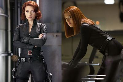 To fit into that lycra bodysuit in <i>The Avengers</i> and <i>Captain America 2</i>, Scarlett enlisted the help of celeb trainer Bobby Strom to whip her into shape.<br/><br/>ScarJo did intensive 90 minute circuit workouts without breaks, as well as hardcore weight training. She also did everything from mixed martial arts to simple squats, to ensure her thighs looked sufficiently toned!<br/><br/>(Left: <i>The Avengers</i>. Right: <i>Captain America 2</i> / Marvel)