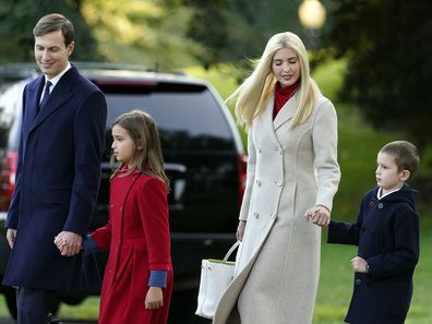 White House adviser Jared Kushner, from left, and daughter Arabella Kushner, walk with his wife Ivanka Trump and their son Joseph as they prepare to board Marine One with President Donald Trump on the South Lawn of the White House, Tuesday, Sept. 22, 2020, before leaving for a short trip to Andrews Air Force Base, Md., and then onto Pittsburgh for a rally. (AP Photo/Andrew Harnik)