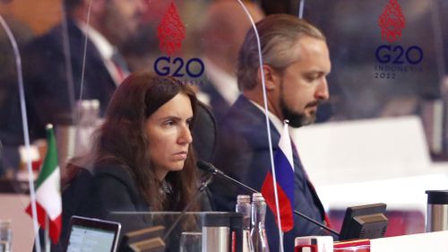 Russian Director of the Bank of Russia's Financial Stability Department Elizaveta Danilova, left, and Russian Deputy Finance Minister Timur Maksimov, right, attend the meeting of finance ministers and the governors of the G20 central banks in Nusa Dua , Bali, Indonesia at.