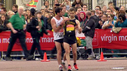 Matthew Rees helped David Wyeth finish the London Marathon. (BBC)