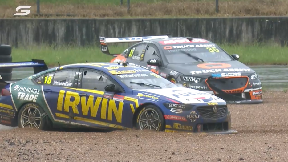 Todd Hazelwood and Mark Winterbottom come to a stop in the gravel trap.