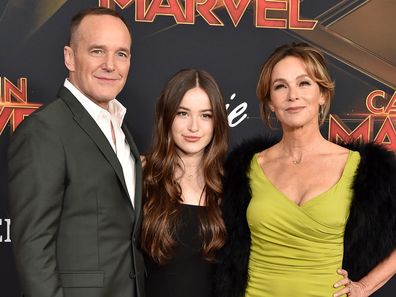 Clark Gregg, Jennifer Grey and daughter Stella attend Captain Marvel premiere in 2019 in Hollywood, California.