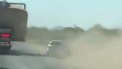 The vehicle then rebounds off the road train and onto the side of the road. Picture: Facebook/Road Trains Australia.