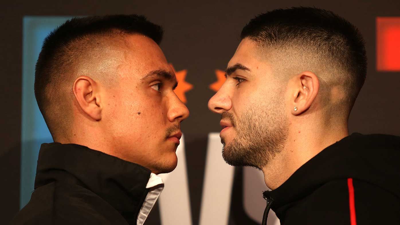 Boxers Tim Tszyu and Michael Zerafa face off at a press conference at The Star Casino.