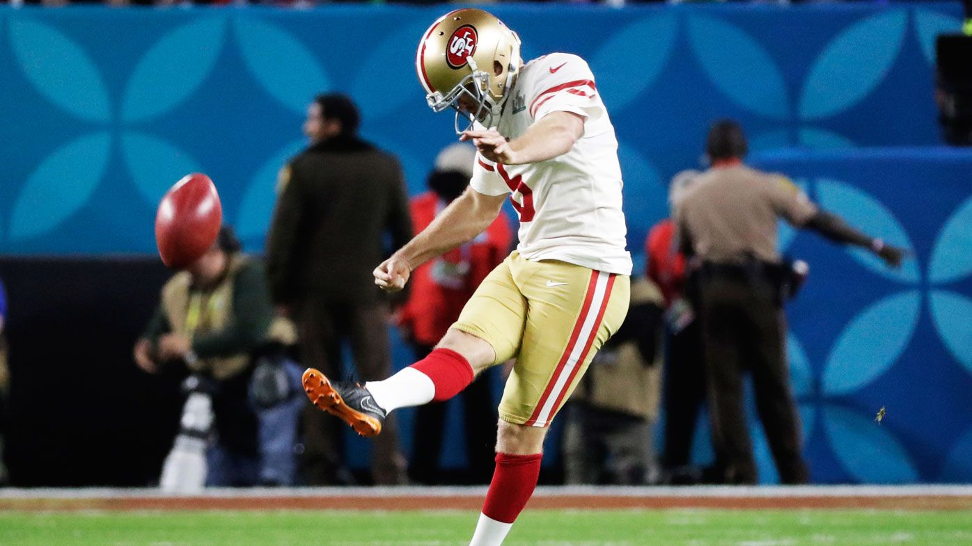 San Francisco 49ers&#x27; Mitch Wishnowsky kicks off against the Kansas City Chiefs during the first half of the NFL Super Bowl 54