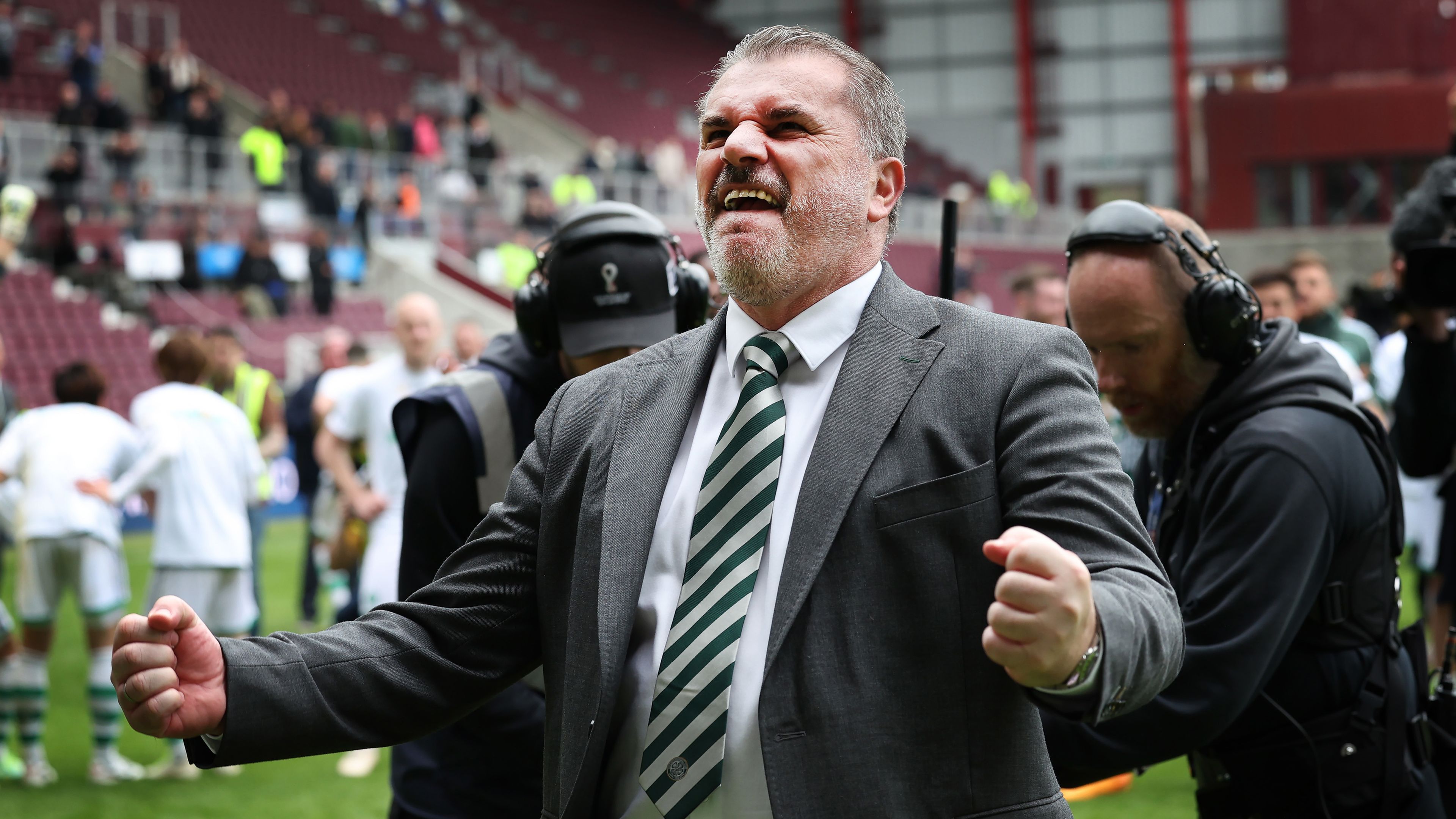 Angelos Postecoglou, Manager of Celtic, celebrates after winning the Cinch Scottish Premiership following the match between Heart of Midlothian and Celtic FC at Tynecastle Park on May 07, 2023 in Edinburgh, Scotland. (Photo by Ian MacNicol/Getty Images)