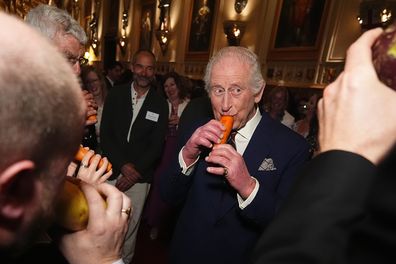 WINDSOR, ENGLAND - APRIL 3: King Charles III plays a carrot with the London Vegetable Orchestra during a reception to recognise those involved in community music across the UK, at Windsor Castle on April 3, 2025 in Windsor, England. The 350 guests include leaders of community music groups and music-related projects, many of whom are volunteers. (Photo by Aaron Chown - WPA Pool/Getty Images)