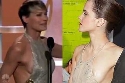 It's one thing when your nip falls out, because, well…we've all got a pair of those. But it's just plain awkward when an attempt at modesty becomes a red carpet fashion disaster. Best of luck controlling those lumps and bumps next time!<br/><br/>(Pictured: Robin Wright / Emma Watson)