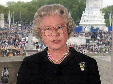 Queen Elizabeth addresses the public following the death of Princess Diana in 1997.