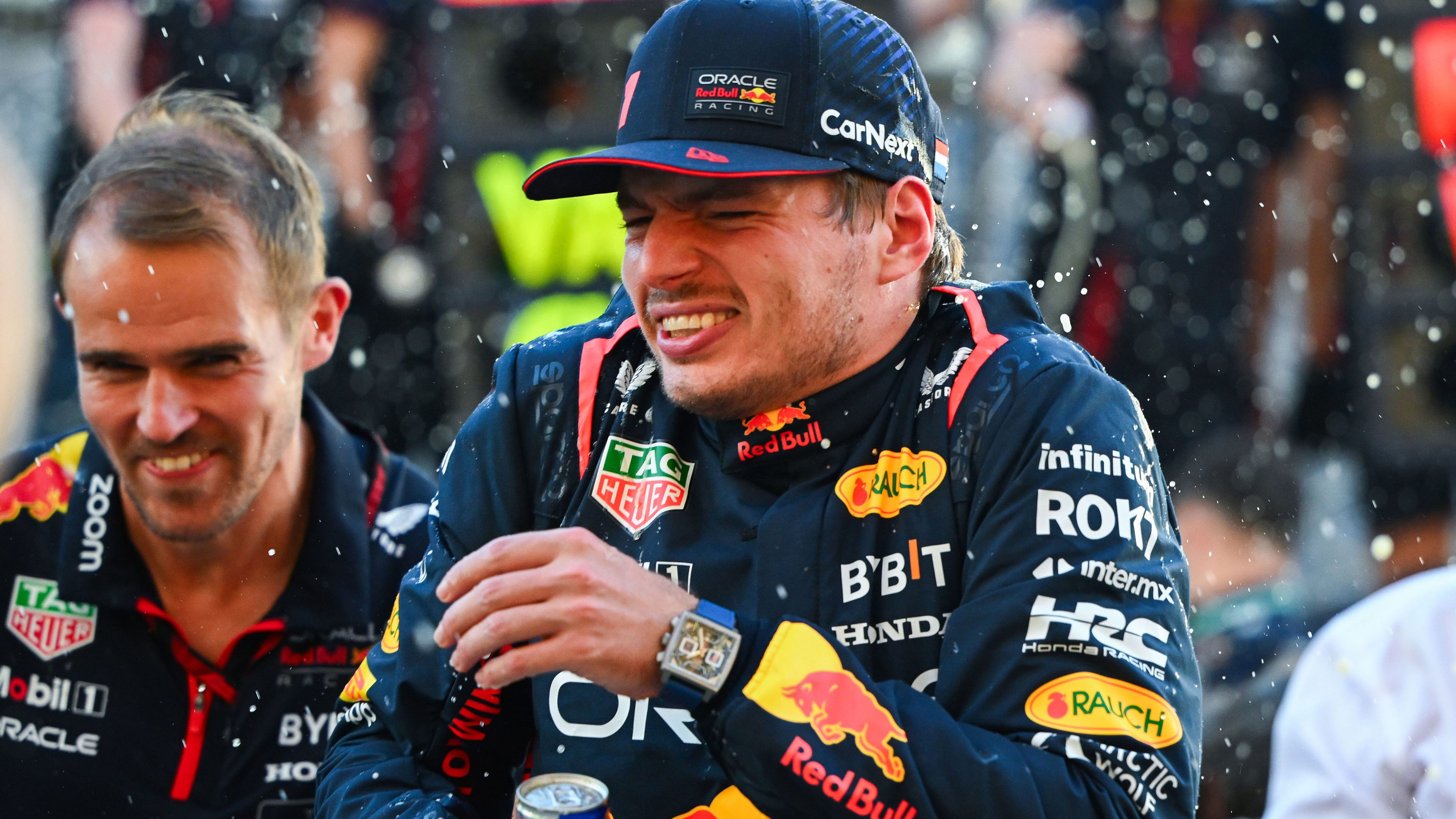 Race winner Max Verstappen of the Netherlands and Oracle Red Bull Racing celebrates with his team after the F1 Grand Prix of United States at Circuit of The Americas on October 22, 2023 in Austin, Texas.