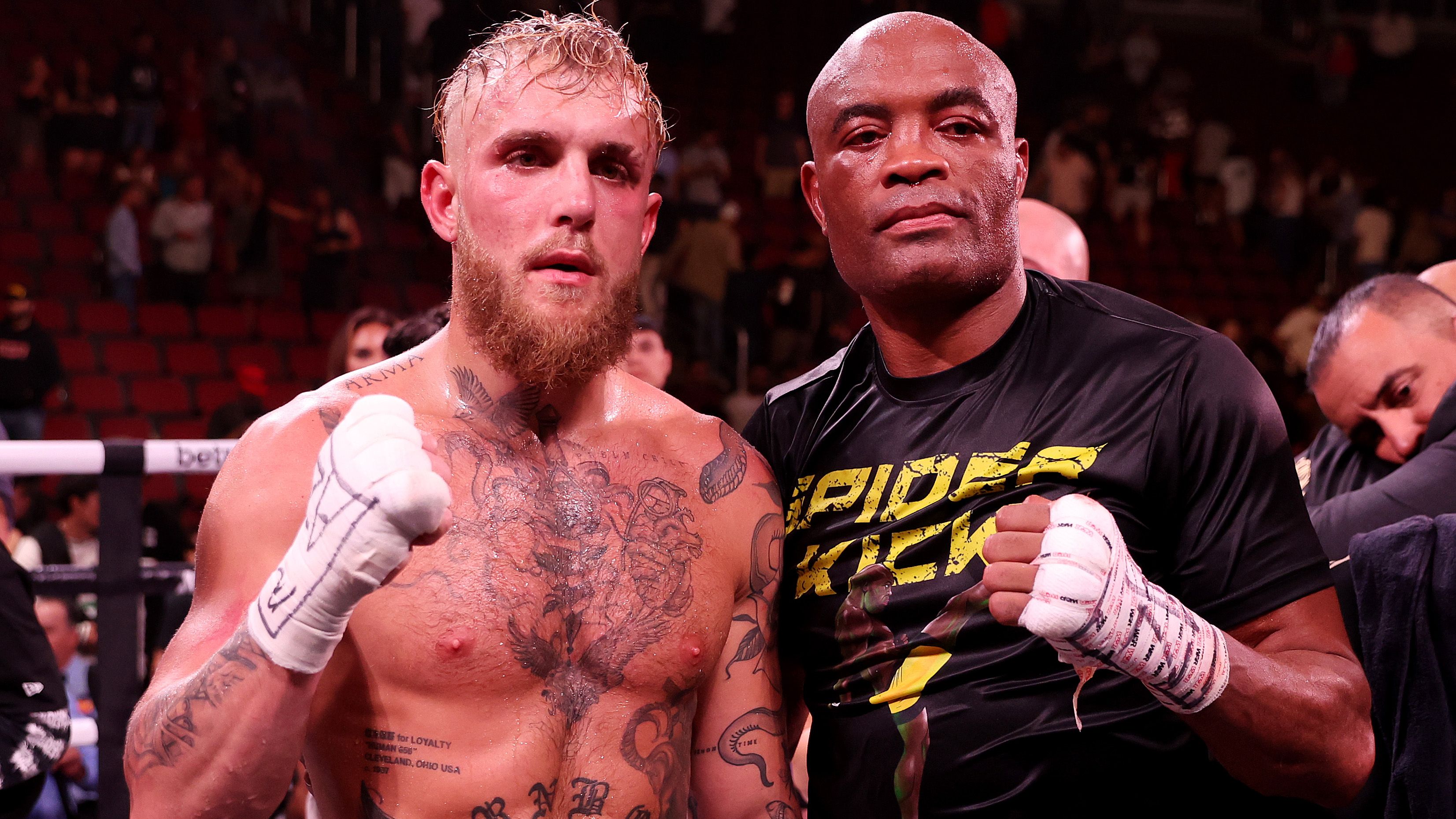 Jake Paul (L) poses with Anderson Silva of Brazil after their cruiserweight bout at Gila River Arena on October 29, 2022 in Glendale, Arizona. Paul won via unanimous decision. (Photo by Christian Petersen/Getty Images)