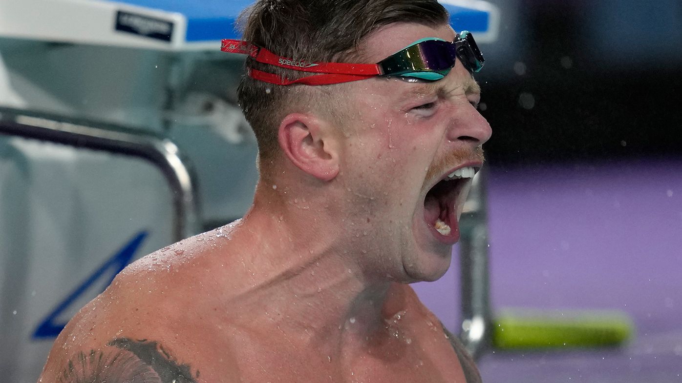 Adam Peaty celebrates his victory in the Men&#x27;s 50m Breaststroke Final at the 2022 Commonwealth Games.