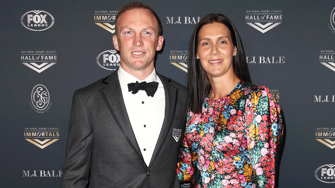 Darren Lockyer poses with his wife Loren at the Immortals induction ceremony.