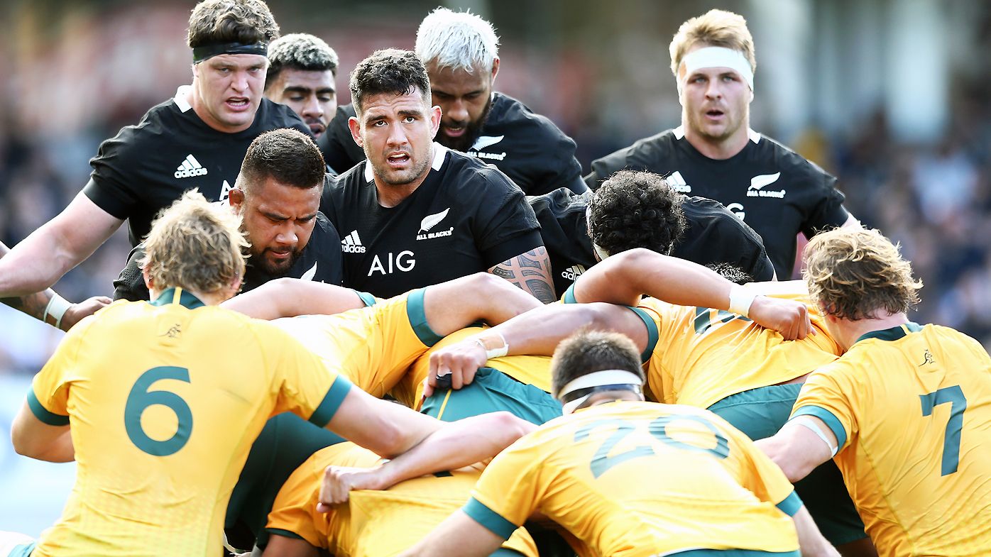 Codie Taylor of the All Blacks packs in a scrum 