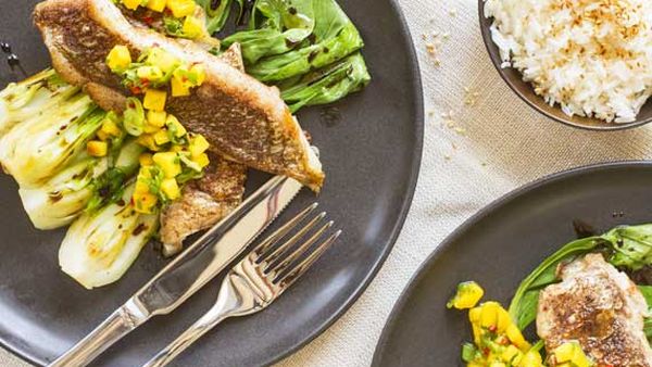 Nadia Lim's masala-dusted fish with rice, bok choy and mango salsa