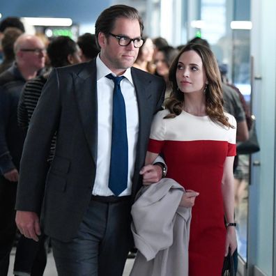 Michael Weatherly and Eliza Dushku on the set of Bull.