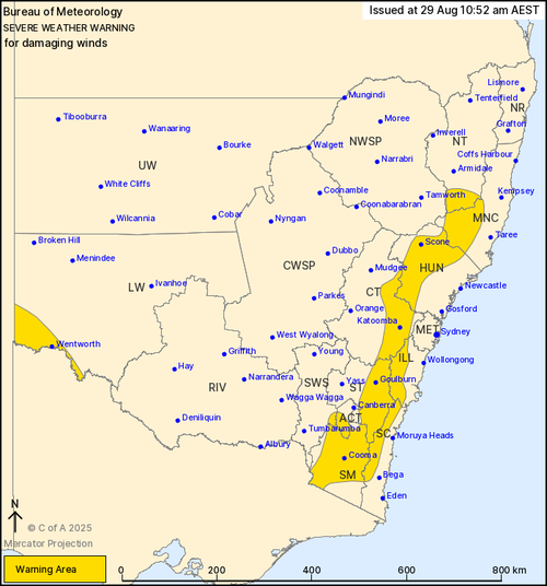 A map showing areas affected by a severe weather warning for New South Wales.