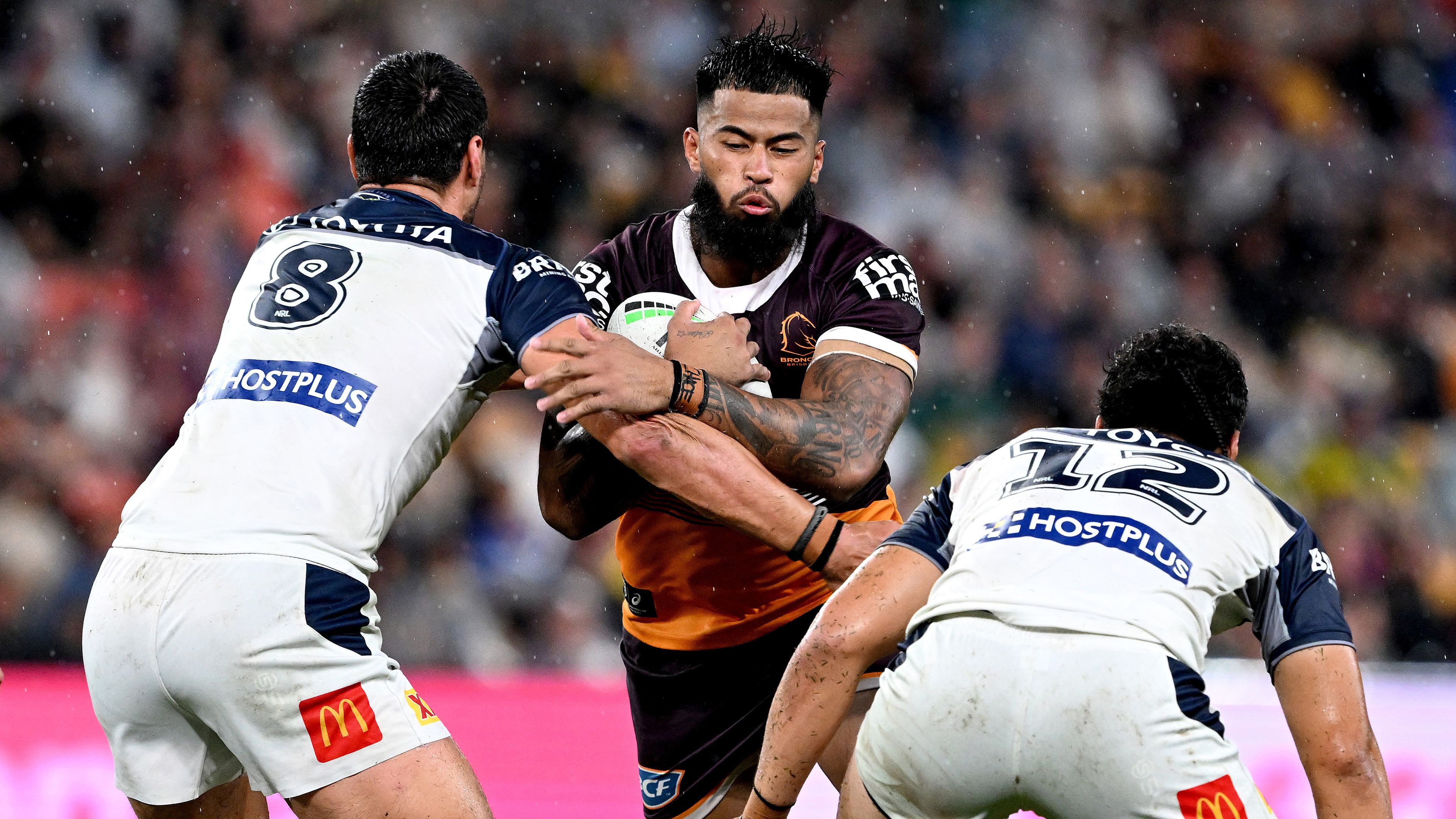 Payne Haas of the Broncos takes on the defence during the round 2 NRL match between the Brisbane Broncos and the North Queensland Cowboys at Suncorp Stadium on March 10, 2023 in Brisbane, Australia. (Photo by Bradley Kanaris/Getty Images)