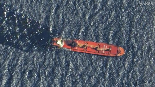 This satellite image taken by Maxar Technologies shows the Belize-flagged ship Rubymar in the Red Sea on Friday, March 1, a day before it was sunk.