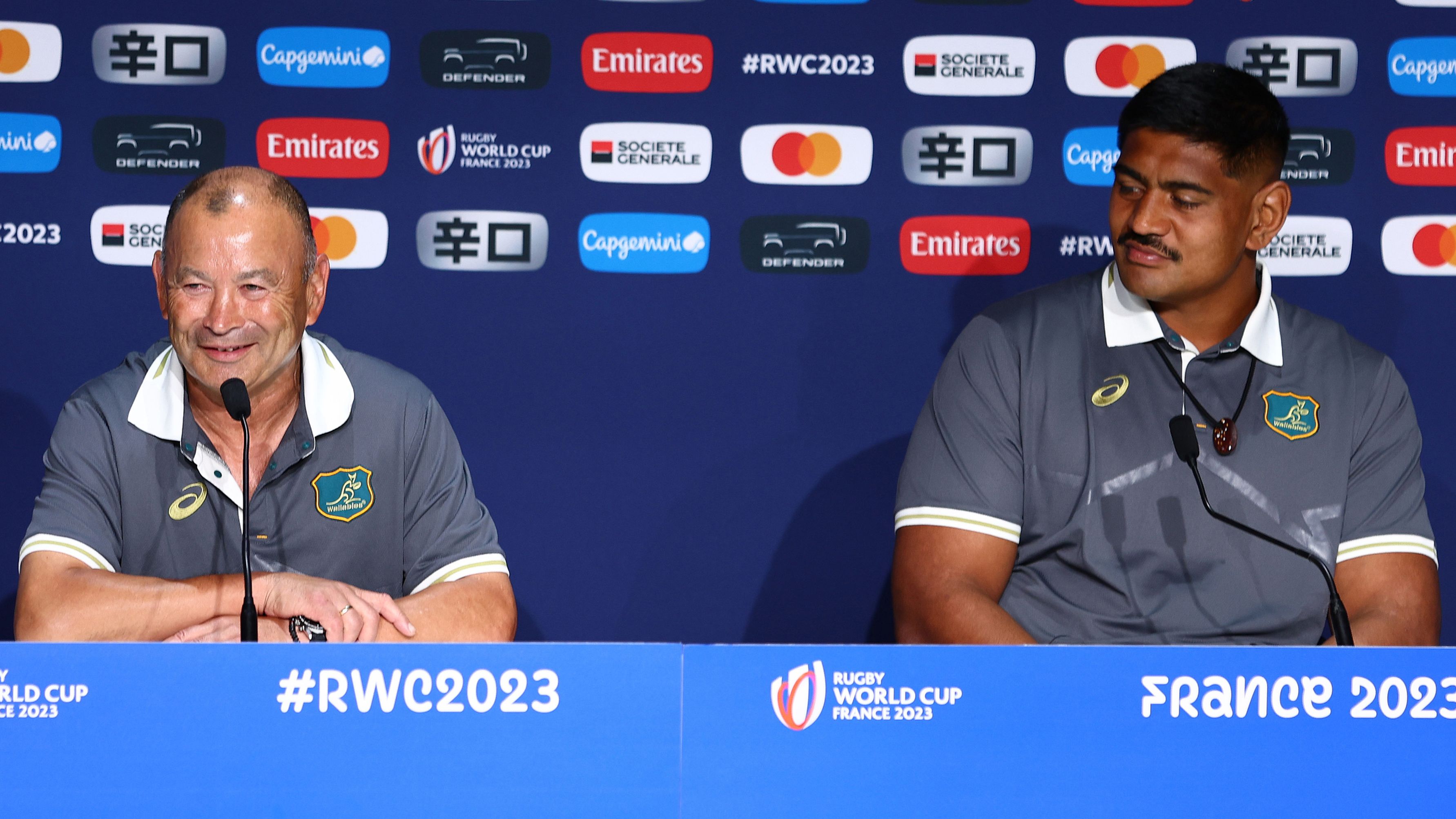 Eddie Jones and Will Skelton speak to the media during a Wallabies press conference.