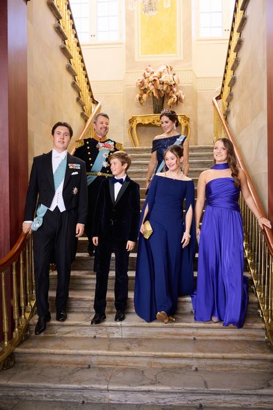 Crown Prince Frederik and Crown Princess Mary with their children Prince Christian, Princess Isabella, Princess Josephine and Prince Vincent on Sunday October 15 2023 inside Frederik VIII's Palace at Amalienborg in Copenhagen.