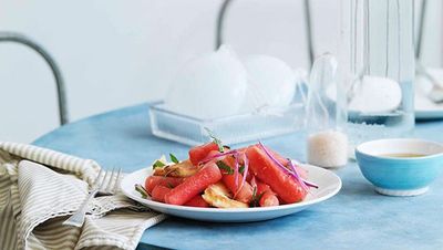 Recipe: <a href="http://kitchen.nine.com.au/2016/05/16/18/56/watermelon-haloumi-and-bread-salad" target="_top">Watermelon, haloumi and bread salad</a>