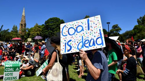 An anti-coal sign is carried by a demonstrator in Camperdown Park in Sydney.